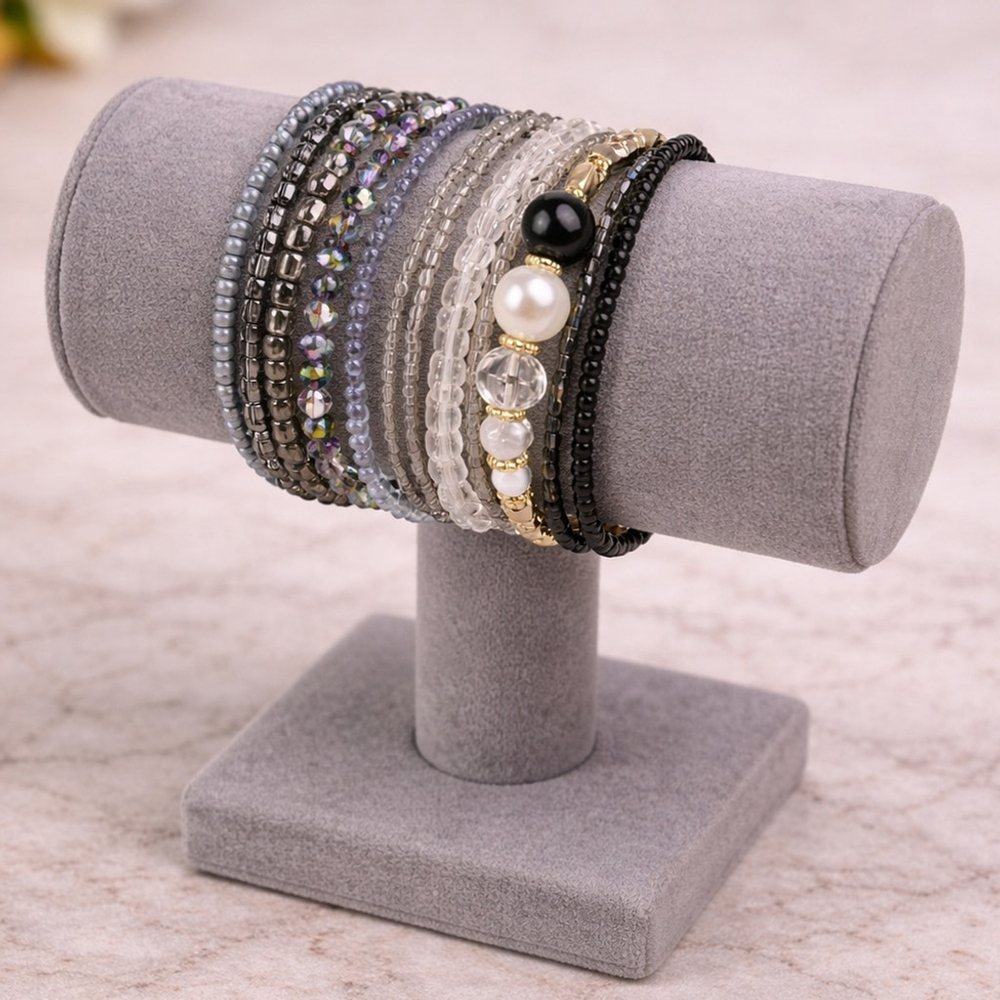 Midnight Onyx Black Beaded Bracelet Stack with elastic OS - Picture 3 of 7